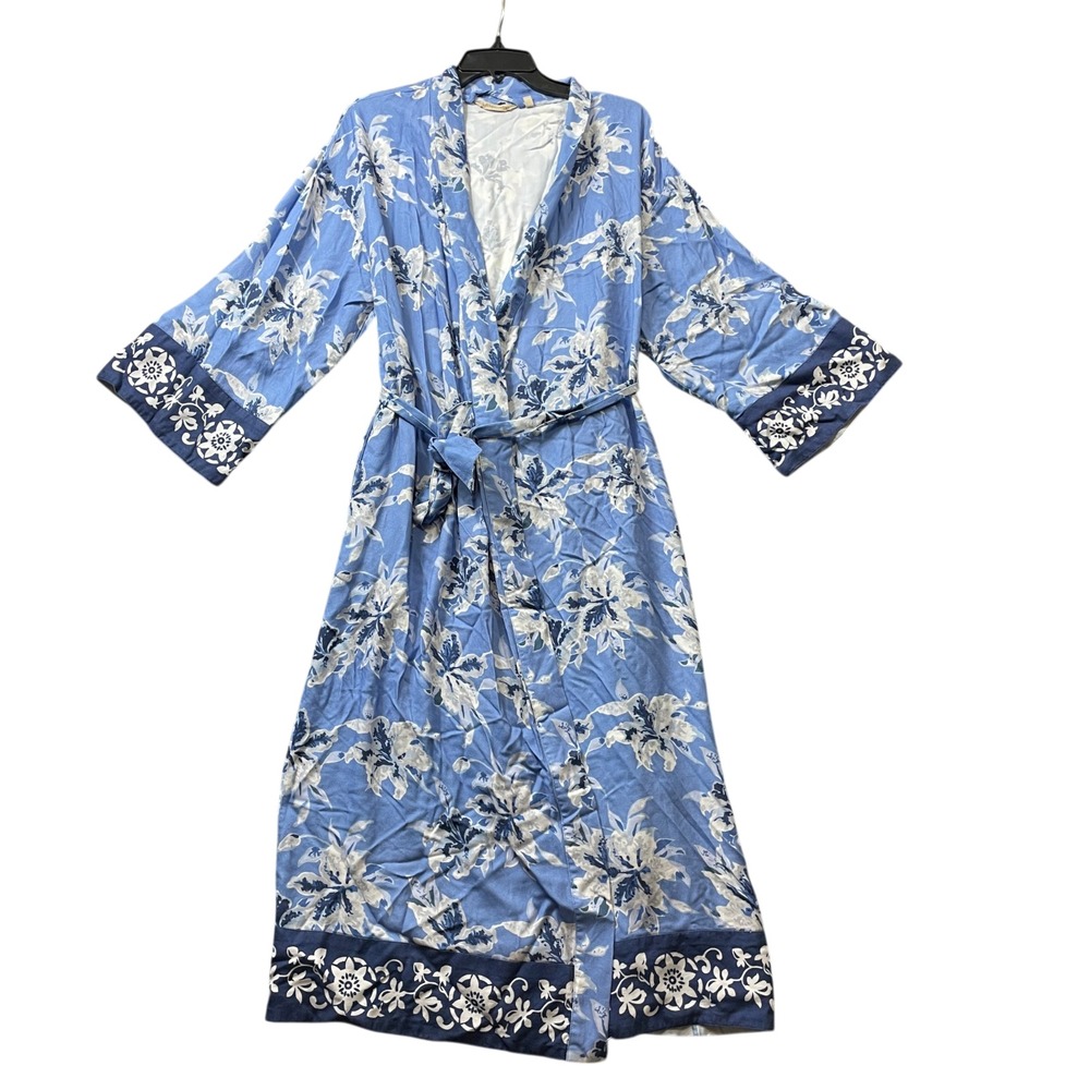 Soft Surroundings Small Blue Floral Robe Kimono w/Belt 100% Viscose